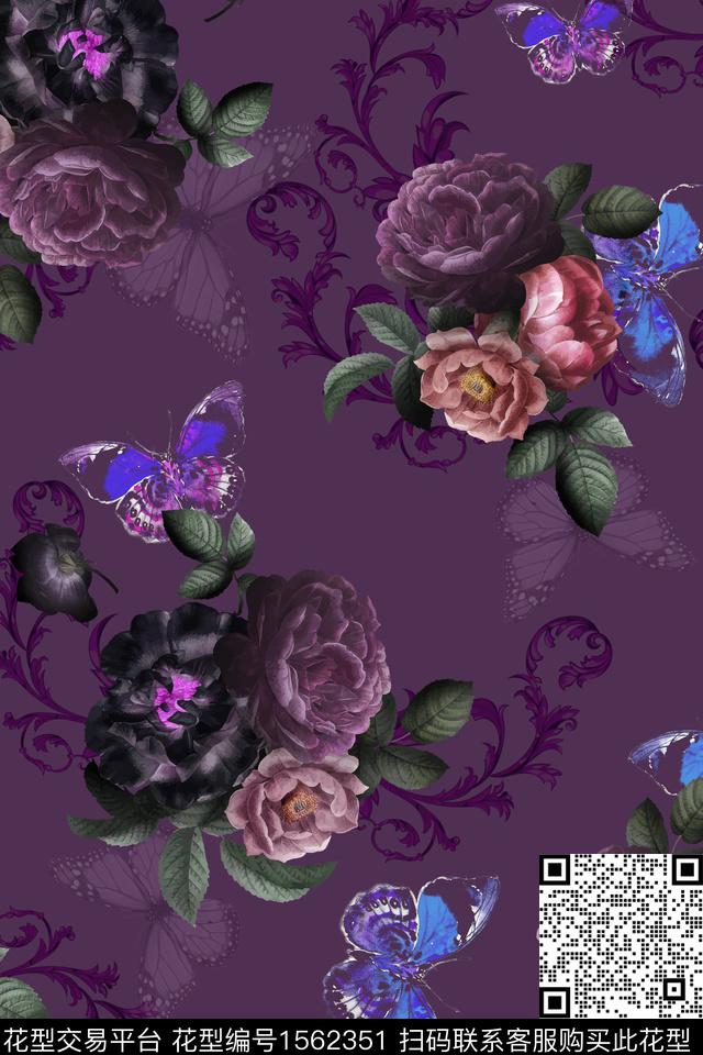 花卉中老年蝴蝶数码印花花型下载（图片编号: 1562351） - 瓦栏（Walan）