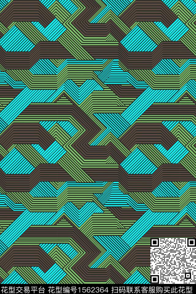 丝绸之路.jpg - 1562364 - 线条 绿色 几何 - 数码印花花型 － 男装花型设计 － 瓦栏