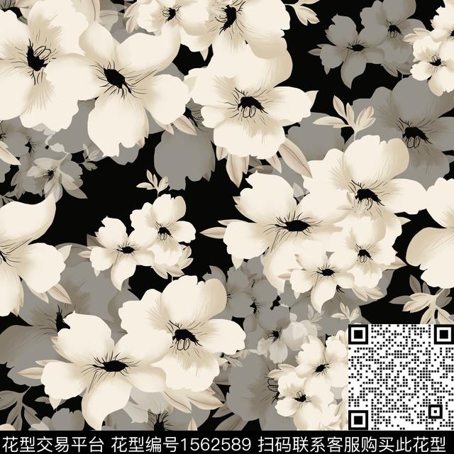 黑色杏色花叶子w.jpg - 1562589 - 女装 绿植树叶 花卉 - 数码印花花型 － 女装花型设计 － 瓦栏
