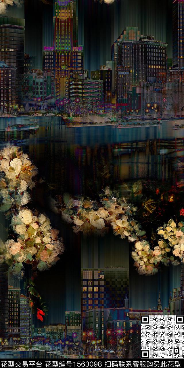 建筑深色花卉数码印花花型下载（图片编号: 1563098） - 瓦栏（Walan）