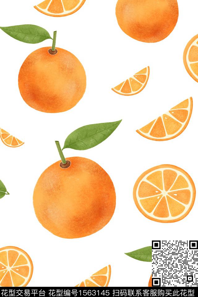 手绘橘子🍊.jpg - 1563145 - 水果 水彩 橘子 - 数码印花花型 － 女装花型设计 － 瓦栏