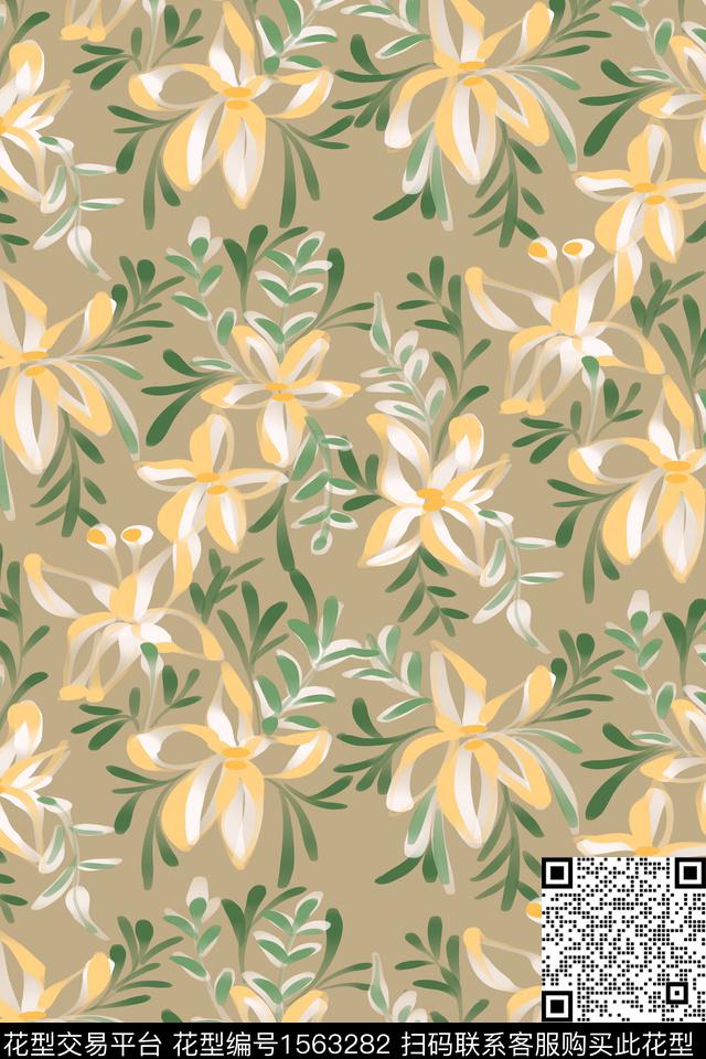 清爽底花卉淑女笔触数码印花花型下载（图片编号: 1563282） - 瓦栏（Walan）