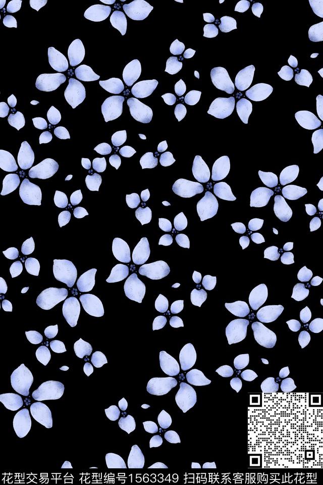 蓝色小花.jpg - 1563349 - 小碎花 花卉 黑底花卉 - 数码印花花型 － 女装花型设计 － 瓦栏