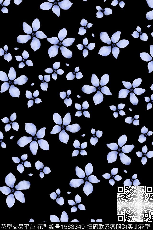 小碎花花卉黑底花卉数码印花花型下载（图片编号: 1563349） - 瓦栏（Walan）