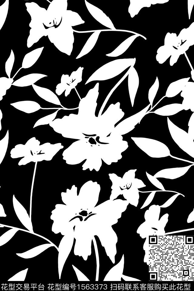 花卉黑白黑底花卉传统印花花型下载（图片编号: 1563373） - 瓦栏（Walan）