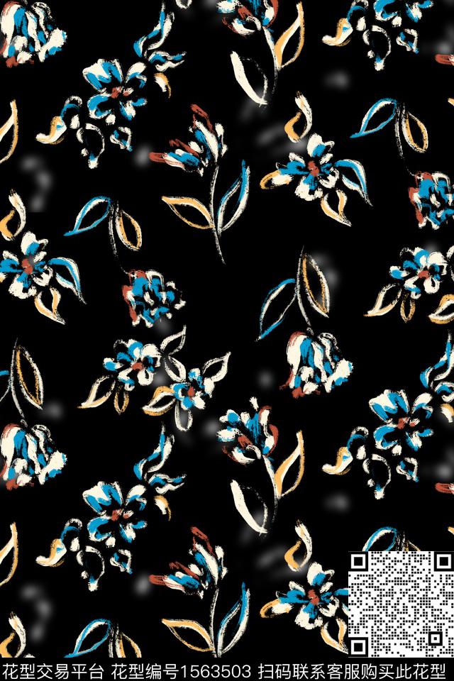 黑底花卉花卉小碎花数码印花花型下载（图片编号: 1563503） - 瓦栏（Walan）