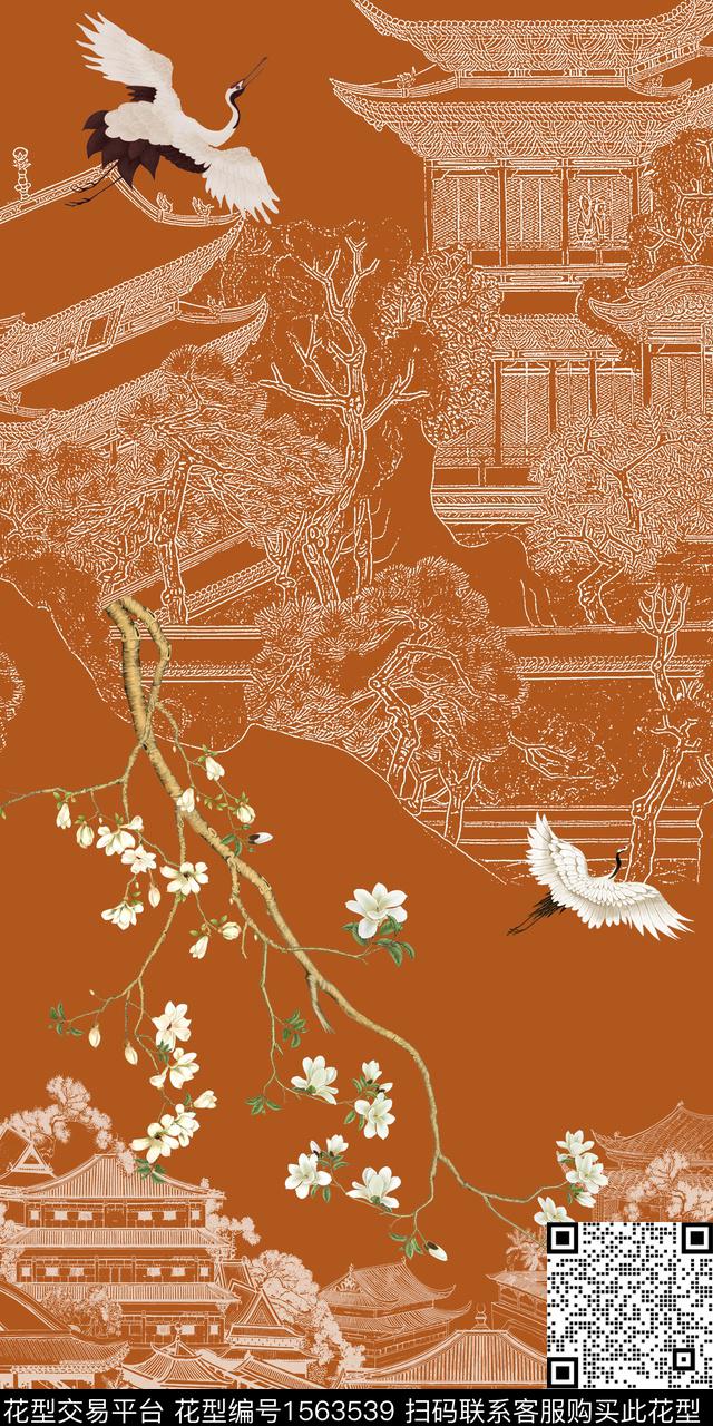 线描建筑花鸟.jpg - 1563539 - 线条 花卉 中国 - 数码印花花型 － 女装花型设计 － 瓦栏
