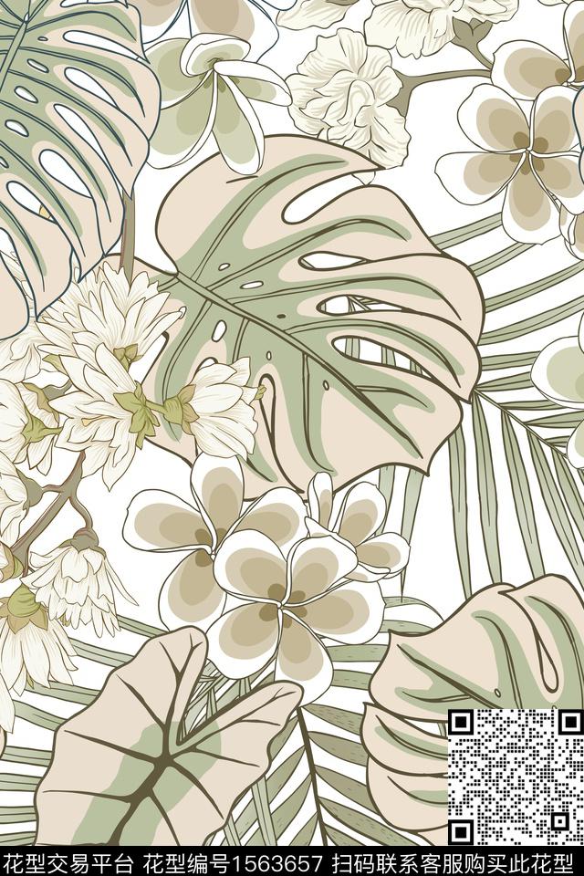 热带花型植物大花数码印花花型下载（图片编号: 1563657） - 瓦栏（Walan）