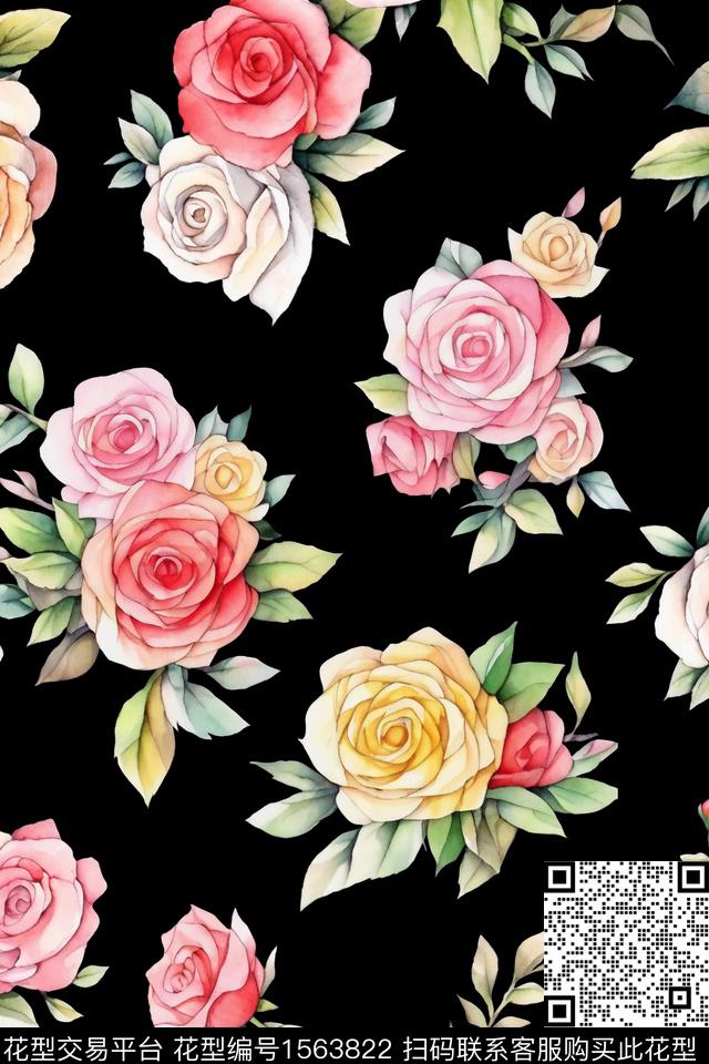 玫瑰花水彩花卉清爽底花卉数码印花花型下载（图片编号: 1563822） - 瓦栏（Walan）