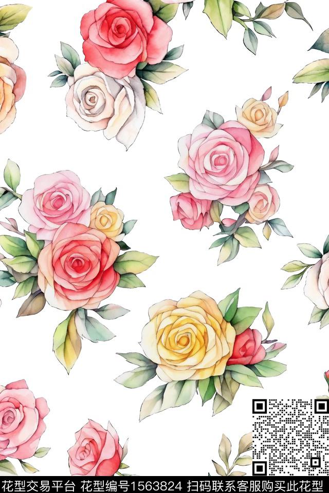 玫瑰花水彩花卉清爽底花卉数码印花花型下载（图片编号: 1563824） - 瓦栏（Walan）