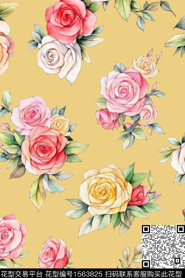 玫瑰花水彩花卉清爽底花卉数码印花花型下载（图片编号: 1563825） - 瓦栏（Walan）