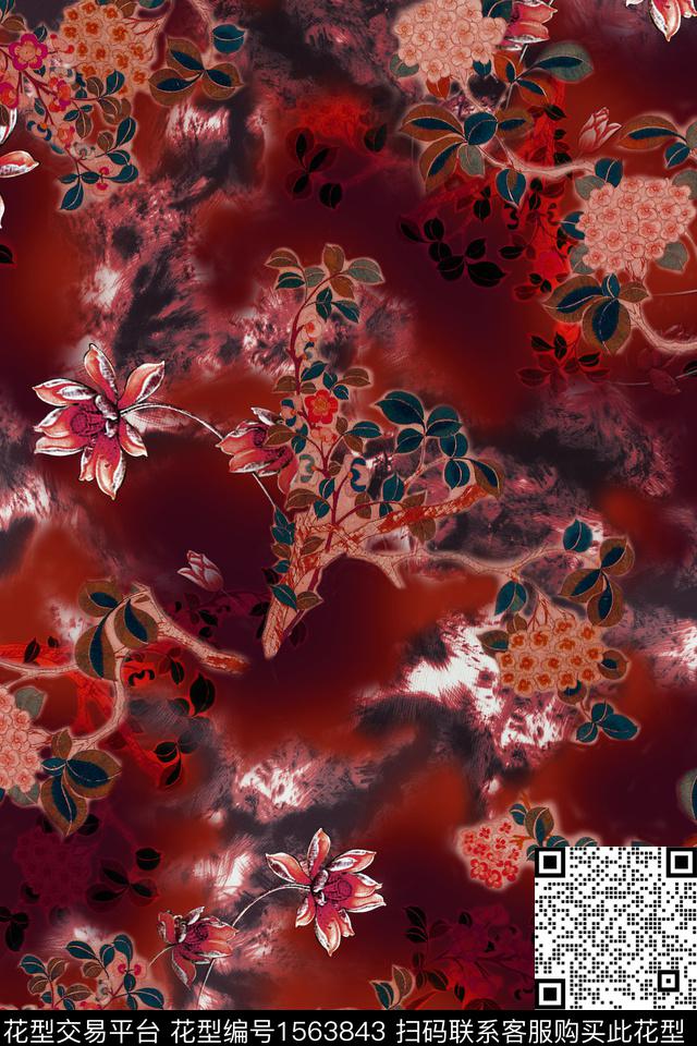 褪色花卉底纹中国风数码印花花型下载（图片编号: 1563843） - 瓦栏（Walan）