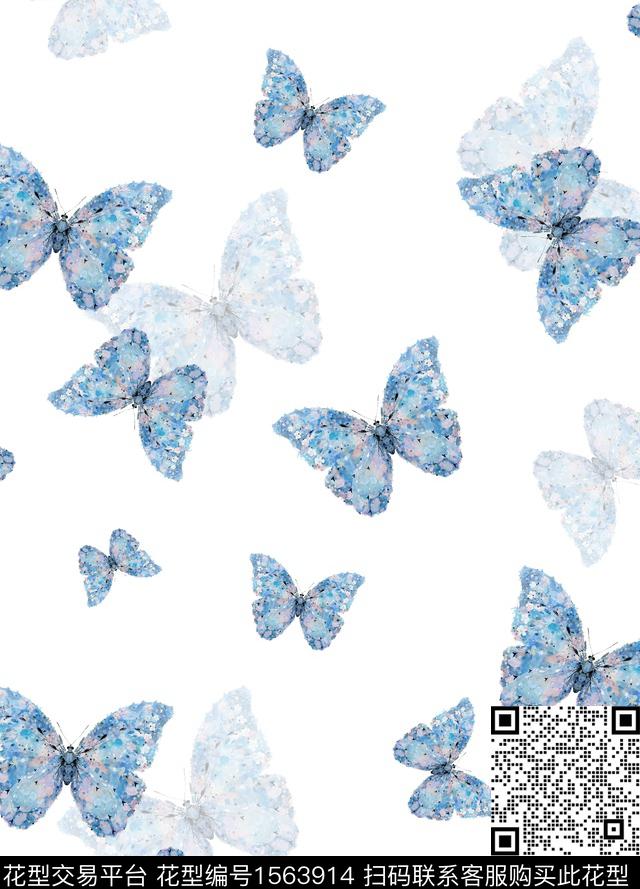蝴蝶水彩抽象数码印花花型下载（图片编号: 1563914） - 瓦栏（Walan）