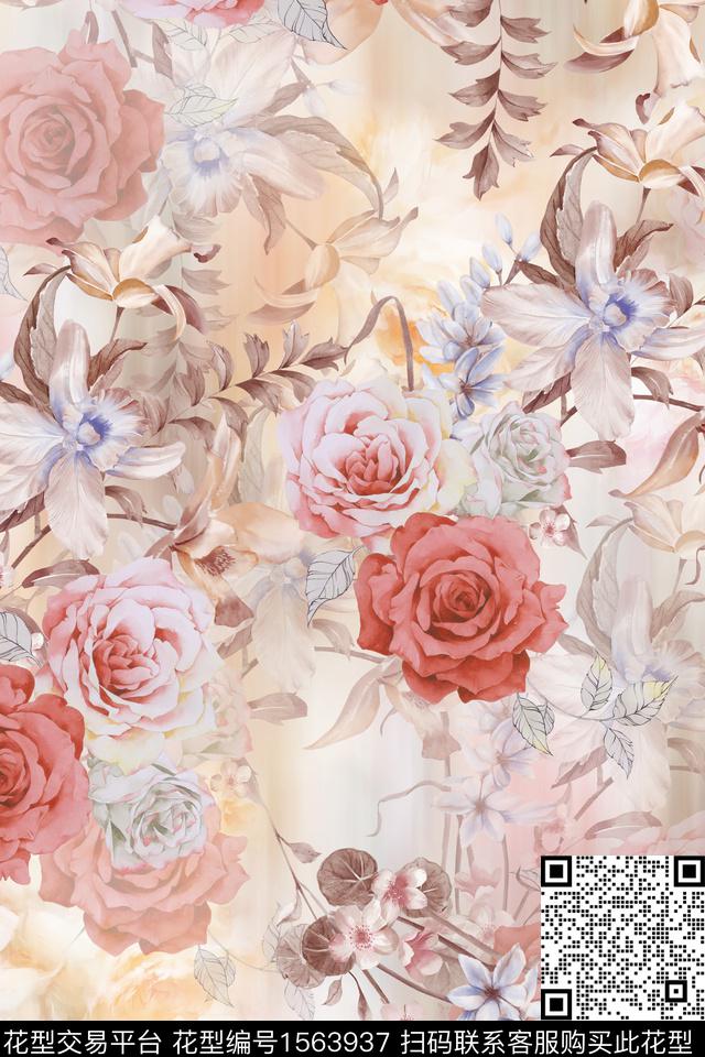 XZ5388.jpg - 1563937 - 花卉 底纹 水彩花卉 - 数码印花花型 － 女装花型设计 － 瓦栏