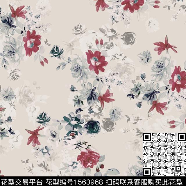 年轻女性满版散花花卉数码印花花型下载（图片编号: 1563968） - 瓦栏（Walan）