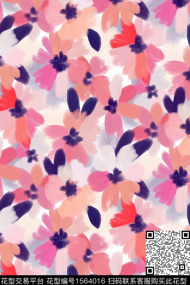 满版散花花卉笔触数码印花花型下载（图片编号: 1564016） - 瓦栏（Walan）