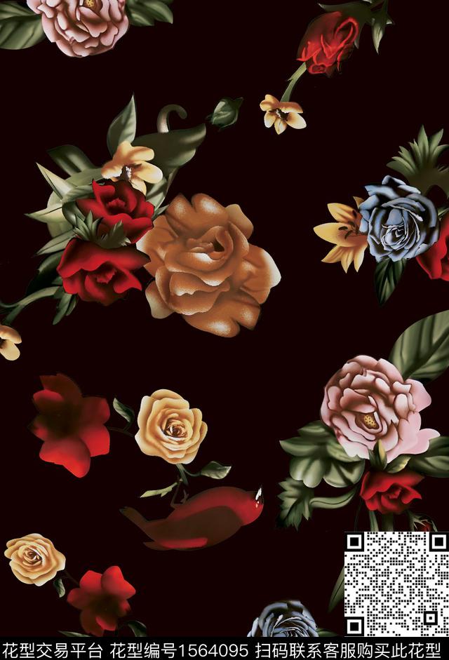 花卉黑底花卉中老年女装数码印花花型下载（图片编号: 1564095） - 瓦栏（Walan）