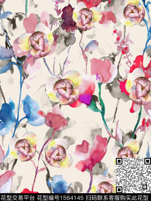 HDS-Y23071902.jpg - 1564145 - 水彩花卉 花卉 - 数码印花花型 － 女装花型设计 － 瓦栏