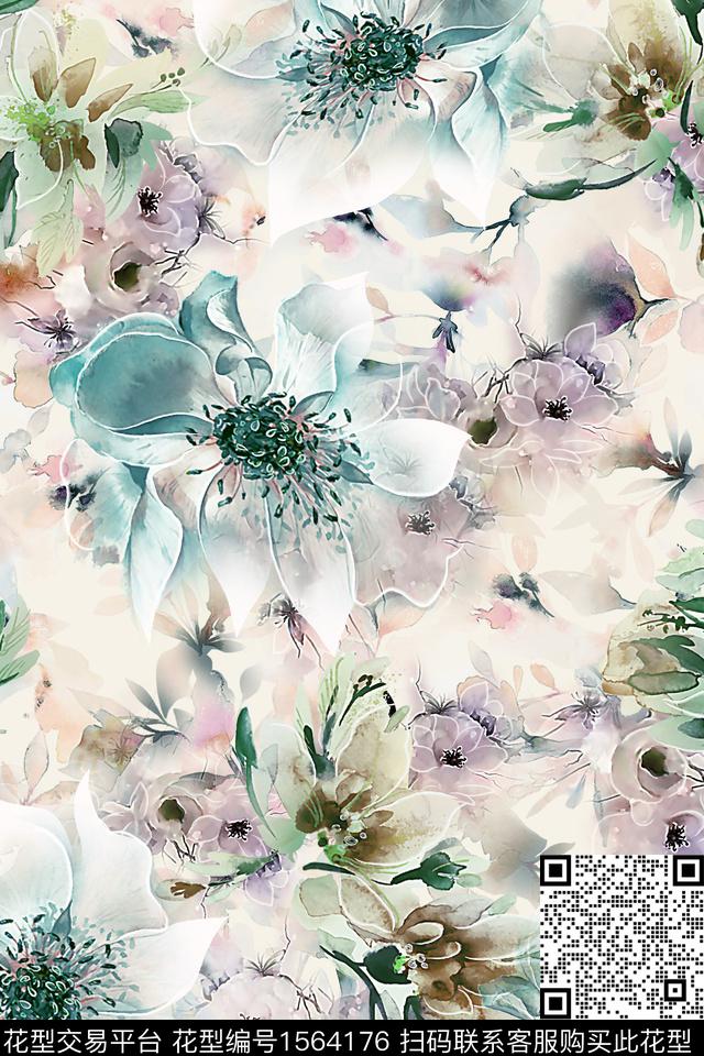 HDS-Y23071949.jpg - 1564176 - 跳接 花卉 水彩花卉 - 数码印花花型 － 女装花型设计 － 瓦栏