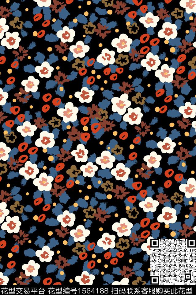 黑底花卉满版散花小碎花数码印花花型下载（图片编号: 1564188） - 瓦栏（Walan）