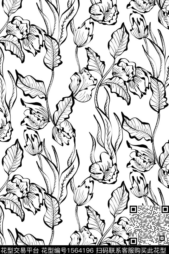 花卉绿植树叶手绘数码印花花型下载（图片编号: 1564196） - 瓦栏（Walan）