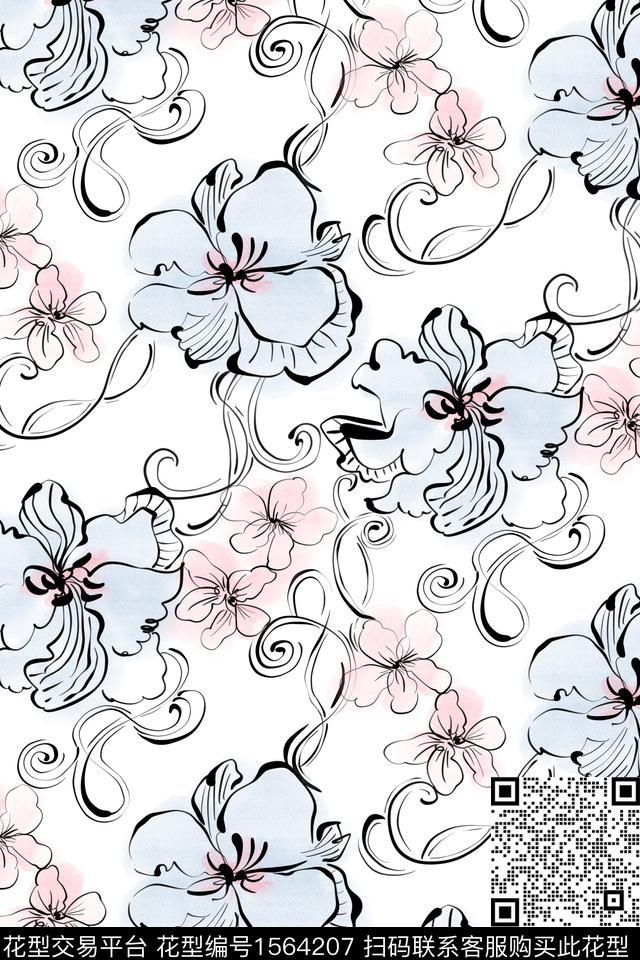 小清新黑白花型简约数码印花花型下载（图片编号: 1564207） - 瓦栏（Walan）