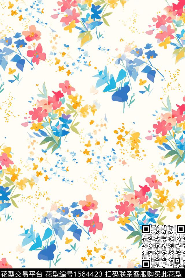 水彩花卉水彩清爽数码印花花型下载（图片编号: 1564423） - 瓦栏（Walan）