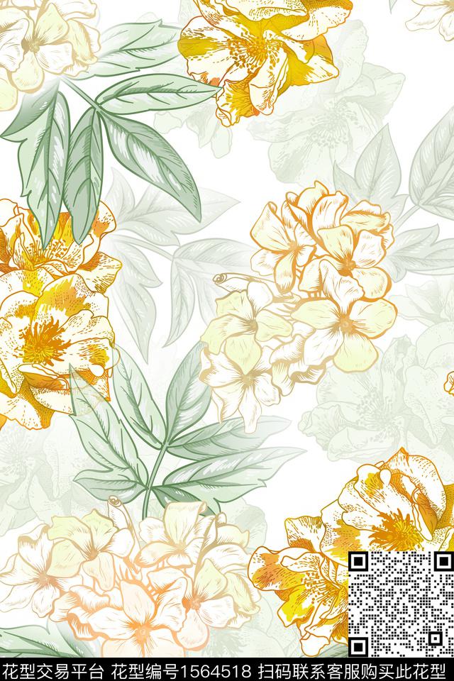 影花大花花卉数码印花花型下载（图片编号: 1564518） - 瓦栏（Walan）