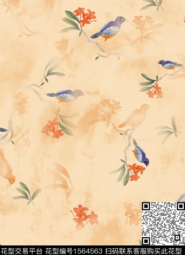底纹花卉鸟数码印花花型下载（图片编号: 1564563） - 瓦栏（Walan）