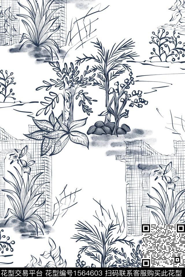 建筑风景景观素描数码印花花型下载（图片编号: 1564603） - 瓦栏（Walan）