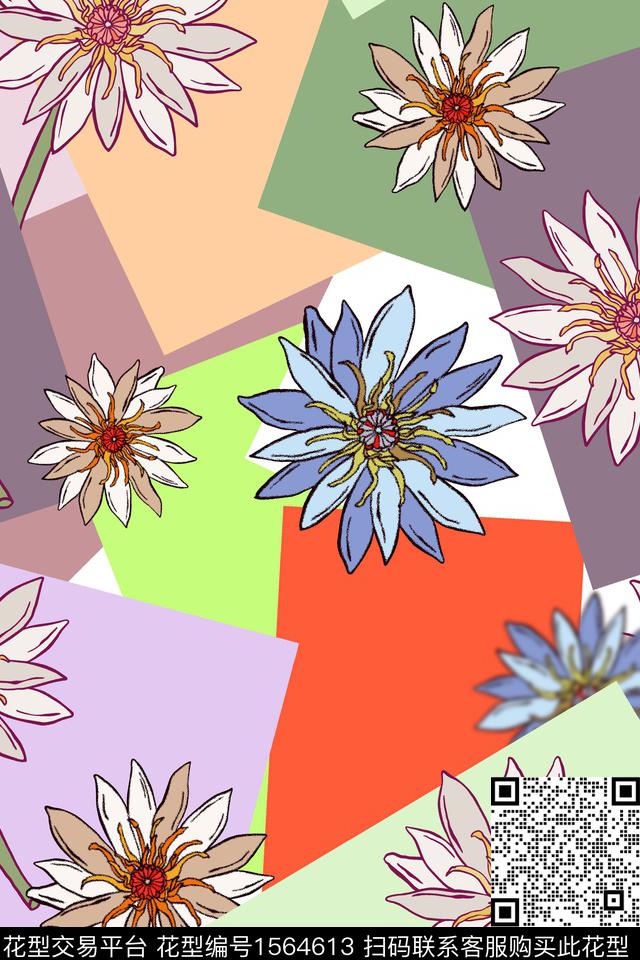几何花卉拼接数码印花花型下载（图片编号: 1564613） - 瓦栏（Walan）