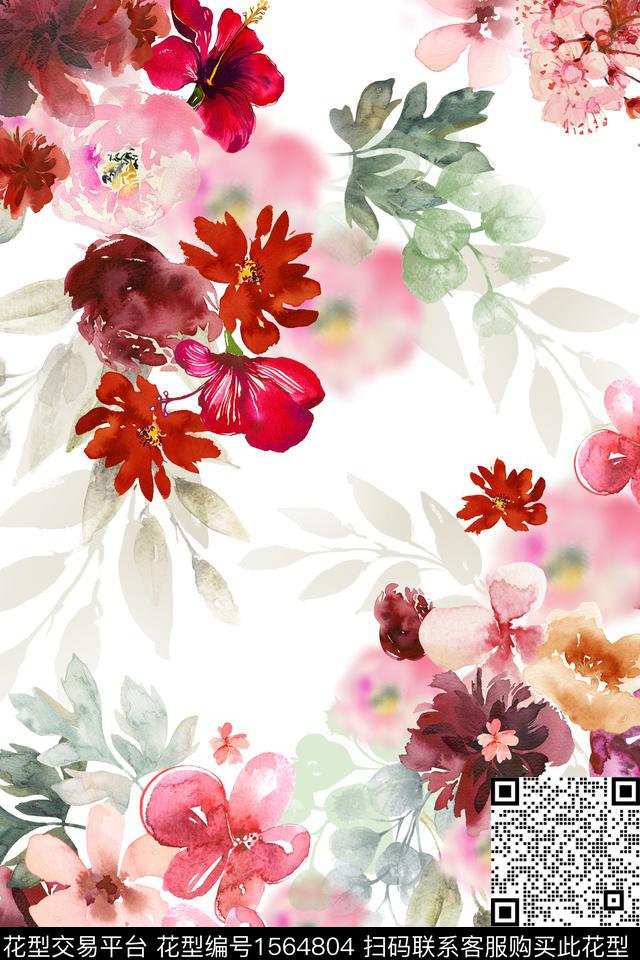 花卉水彩花卉模糊数码印花花型下载（图片编号: 1564804） - 瓦栏（Walan）