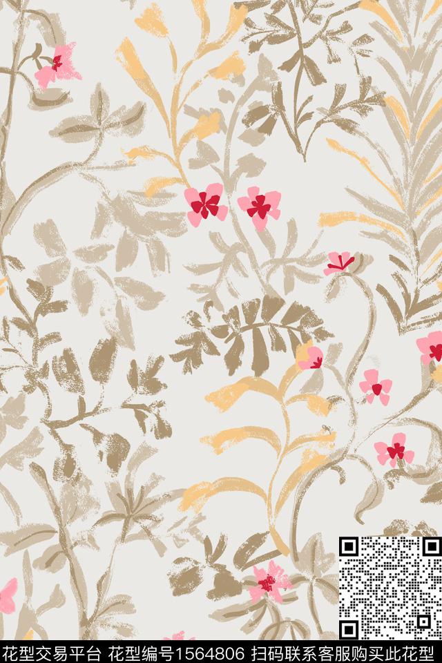 花卉笔触素描数码印花花型下载（图片编号: 1564806） - 瓦栏（Walan）