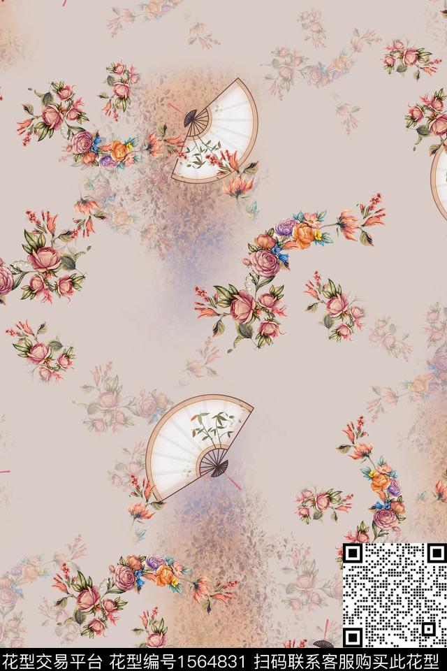 小花扇子花卉数码印花花型下载（图片编号: 1564831） - 瓦栏（Walan）