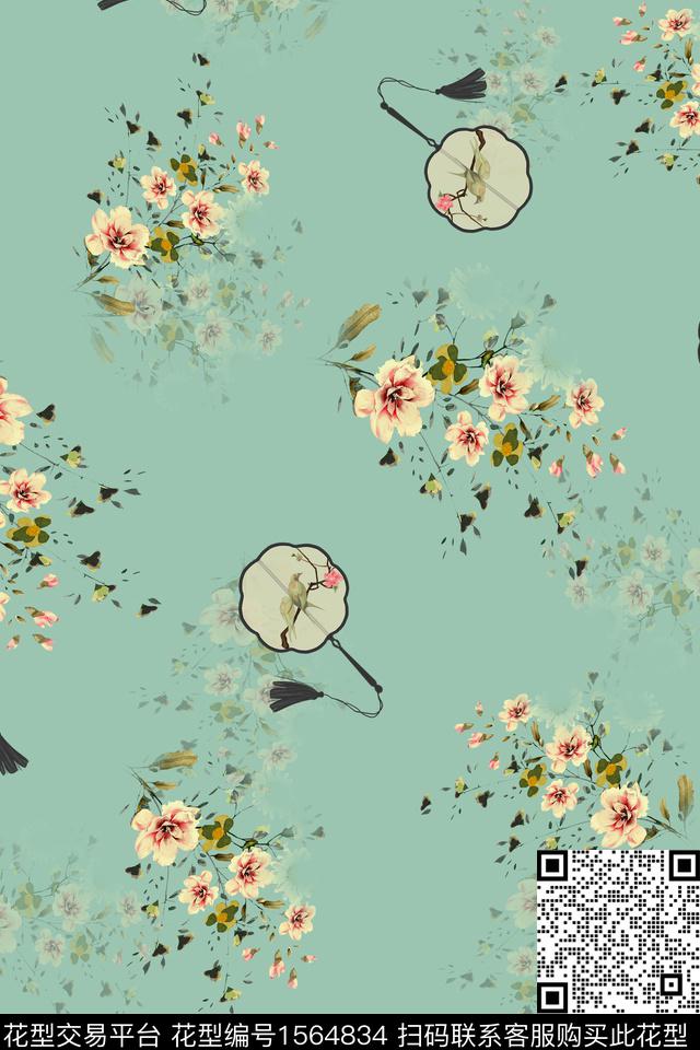 小花影花团扇数码印花花型下载（图片编号: 1564834） - 瓦栏（Walan）