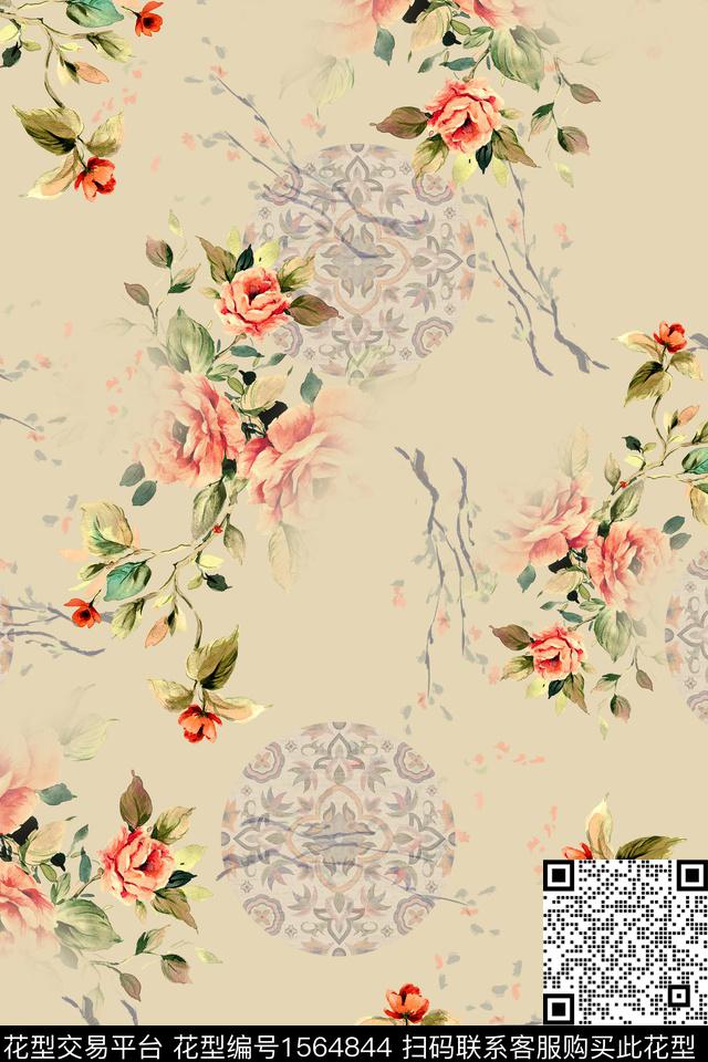 HTB1Z913.jpg - 1564844 - 花纹 花卉 中国 - 数码印花花型 － 女装花型设计 － 瓦栏