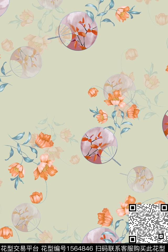 HTB1Z919.jpg - 1564846 - 扇子 影花 花卉 - 数码印花花型 － 女装花型设计 － 瓦栏