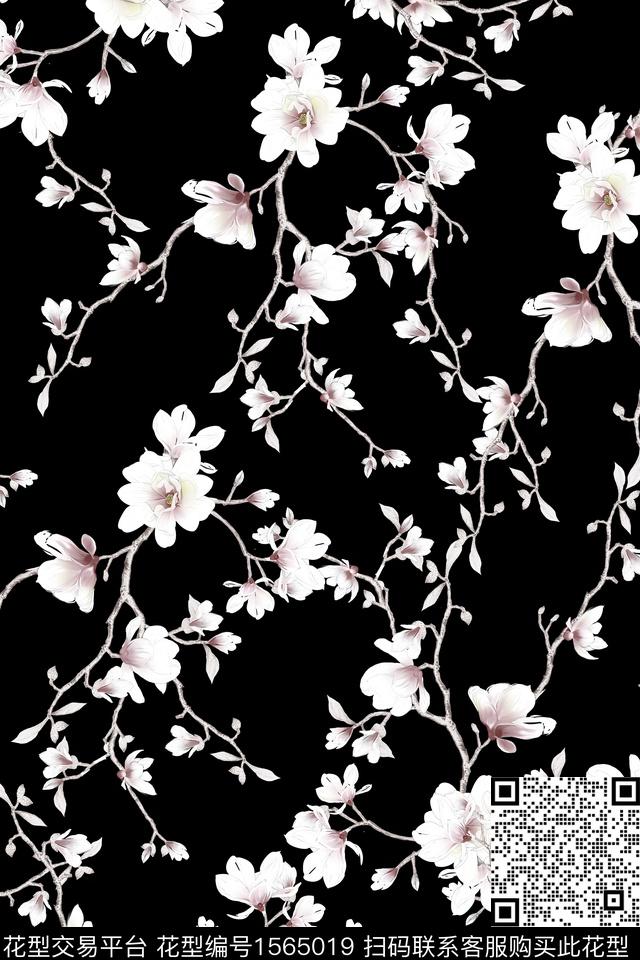 XZ5411.jpg - 1565019 - 黑底花卉 枝条花 花卉 - 数码印花花型 － 女装花型设计 － 瓦栏