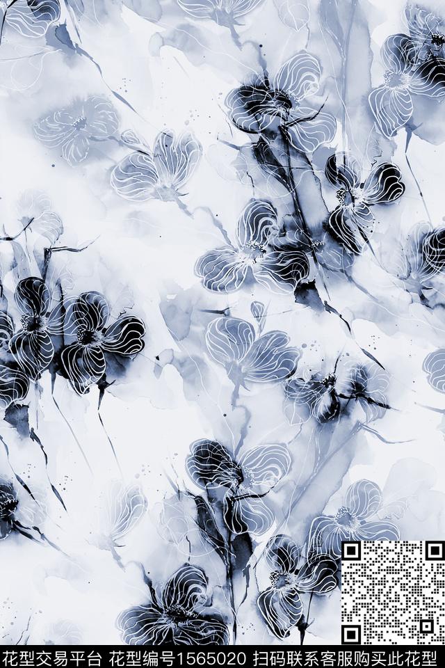 XZ5412.jpg - 1565020 - 抽象花卉 水墨风 水彩 - 数码印花花型 － 女装花型设计 － 瓦栏