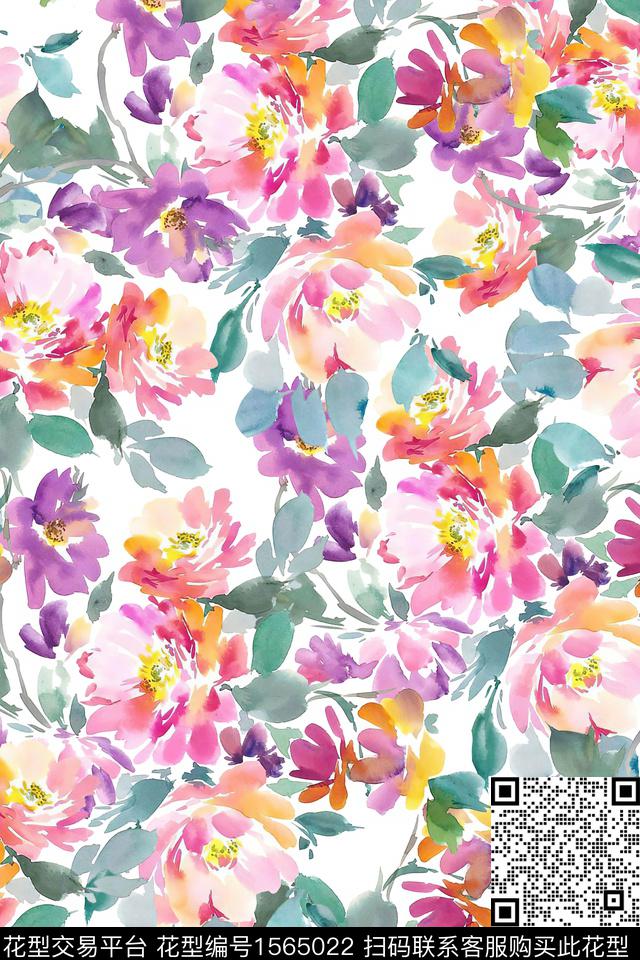 XZ5414.jpg - 1565022 - 满版散花 水彩花卉 花卉 - 数码印花花型 － 女装花型设计 － 瓦栏