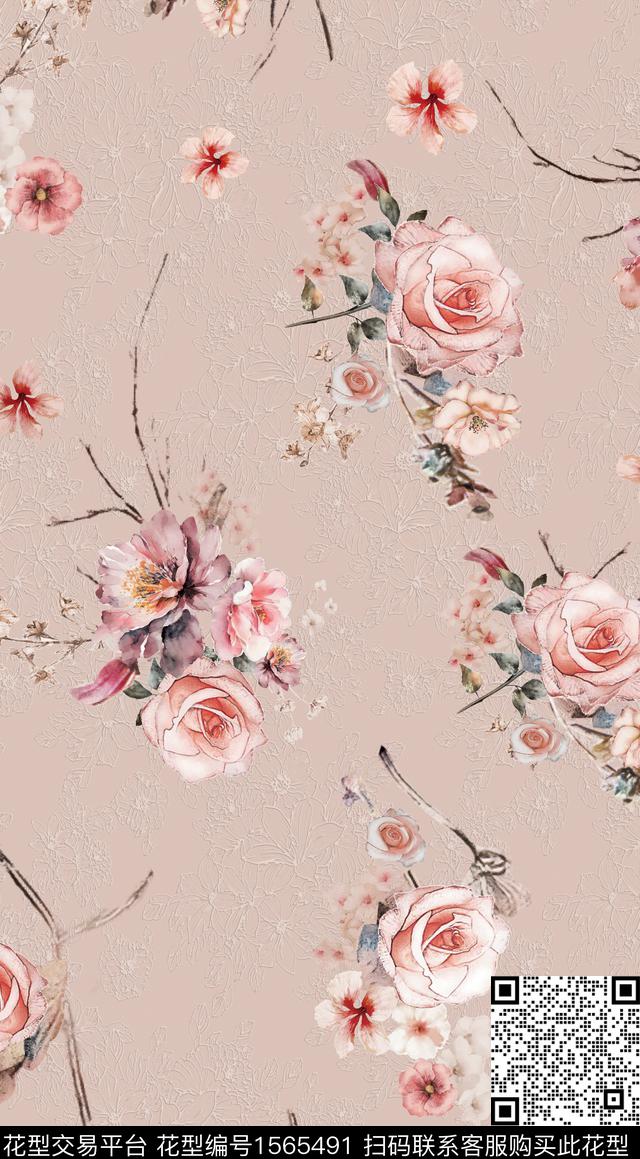 水彩花卉浮雕花卉数码印花花型下载（图片编号: 1565491） - 瓦栏（Walan）