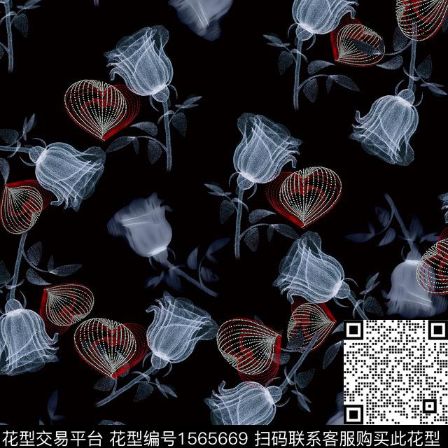 12-J1230.jpg - 1565669 - 花卉 黑底花卉 模糊 - 数码印花花型 － 女装花型设计 － 瓦栏
