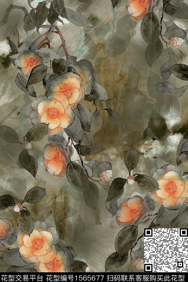 12-J1246y.jpg - 1565677 - 花卉 水墨风 跳接 - 数码印花花型 － 女装花型设计 － 瓦栏