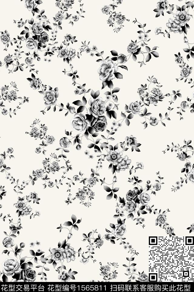 数码花型黑白花型花卉数码印花花型下载（图片编号: 1565811） - 瓦栏（Walan）