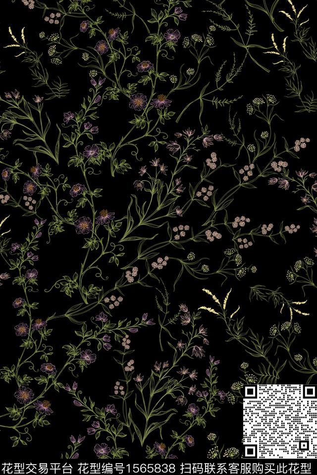 黑底花卉小碎花花卉数码印花花型下载（图片编号: 1565838） - 瓦栏（Walan）