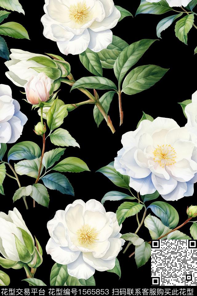 XZ5426.jpg - 1565853 - 黑底花卉 大花 花卉 - 数码印花花型 － 女装花型设计 － 瓦栏