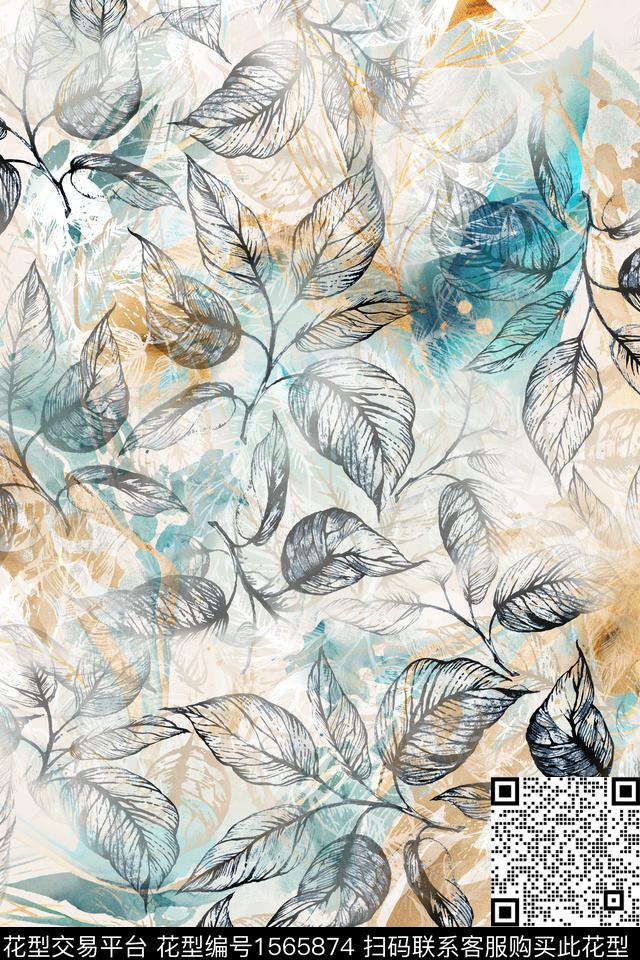 叶子底纹叠加数码印花花型下载（图片编号: 1565874） - 瓦栏（Walan）