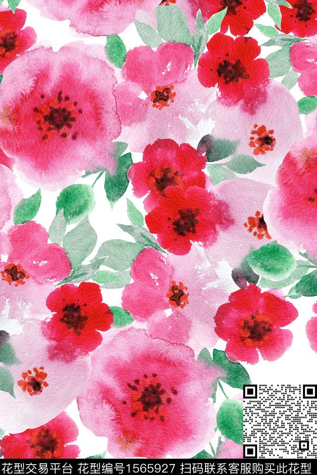 XZ5433.jpg - 1565927 - 水彩花卉 满版散花 花卉 - 数码印花花型 － 女装花型设计 － 瓦栏