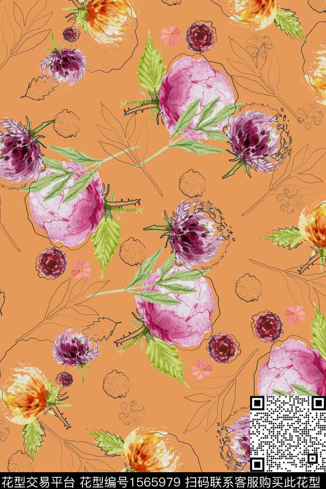 花卉水彩花卉满版散花数码印花花型下载（图片编号: 1565979） - 瓦栏（Walan）