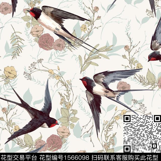 花卉燕子春夏花型数码印花花型下载（图片编号: 1566098） - 瓦栏（Walan）